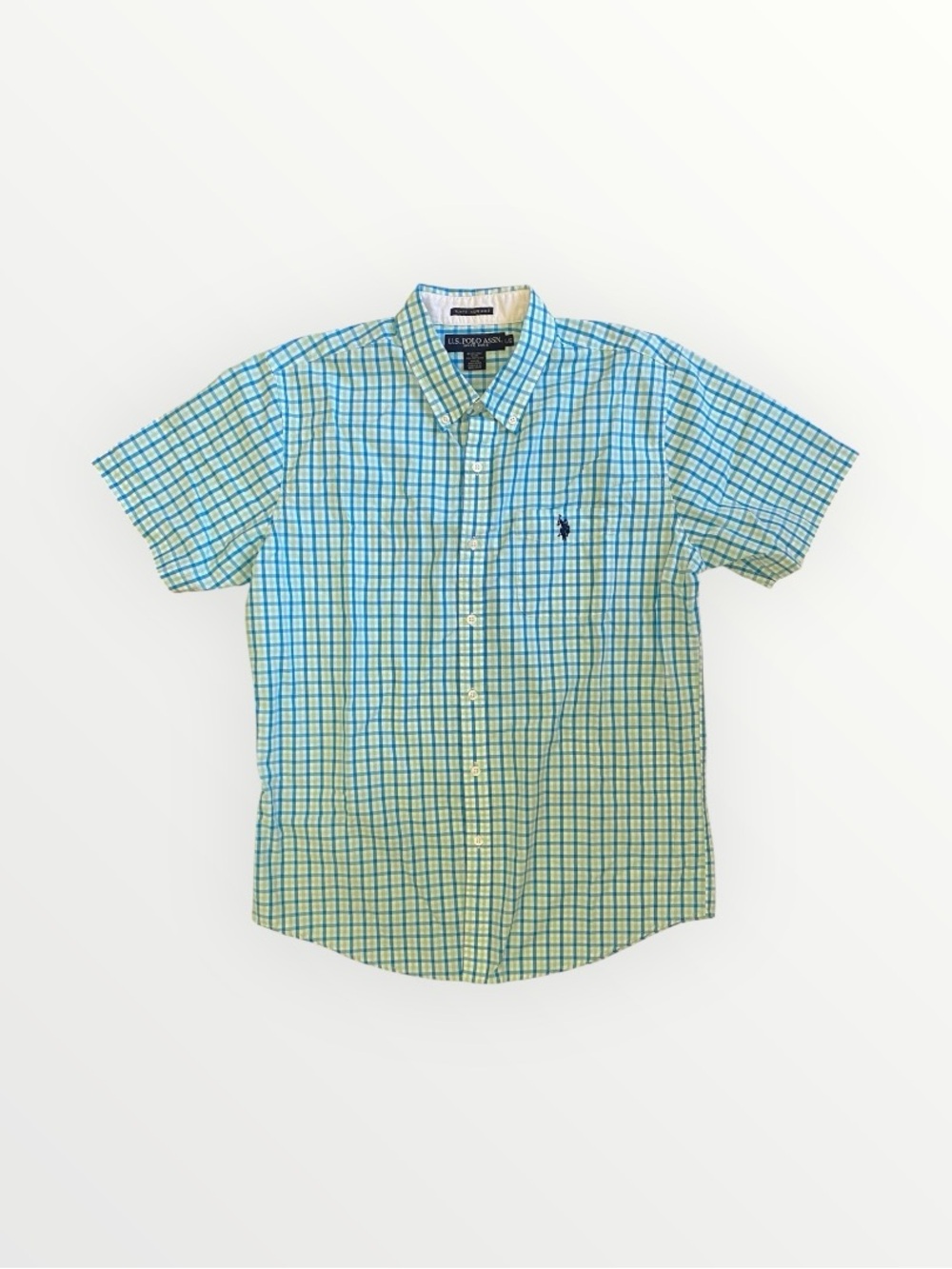 U.S. Polo Assn. Mens Blue and Green Checkered Short Sleeve Button Down Size L